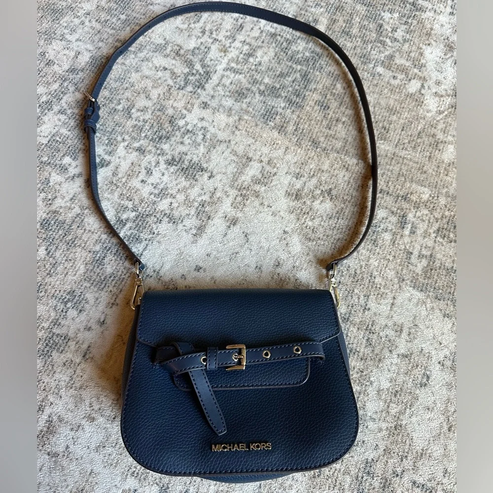 Michael Kors Emilia Small Saddle Flap‎ Crossbody Bag Navy Blue OS